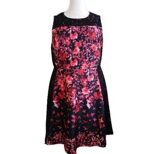 NWT ROZ ALI Women 20W Fit & Flare Swing Pink Floral Black Lace Sleeveless Dress